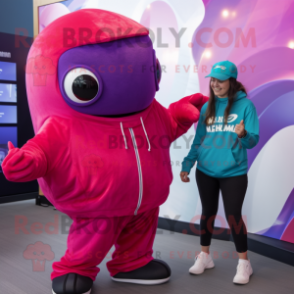 Magenta Humpback Whale mascot costume character dressed with a Romper and Beanies