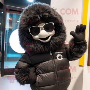 Black Meatballs mascot costume character dressed with a Parka and Sunglasses