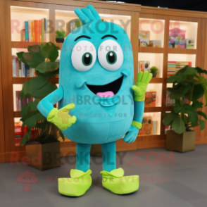 Turquoise Zucchini mascot costume character dressed with a Boyfriend Jeans and Clutch bags