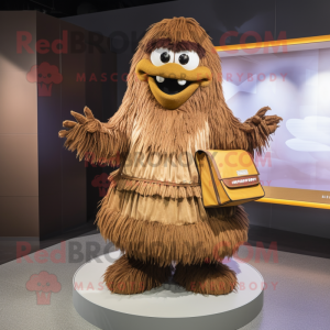 Brown Ice mascot costume character dressed with a Pleated Skirt and Clutch bags