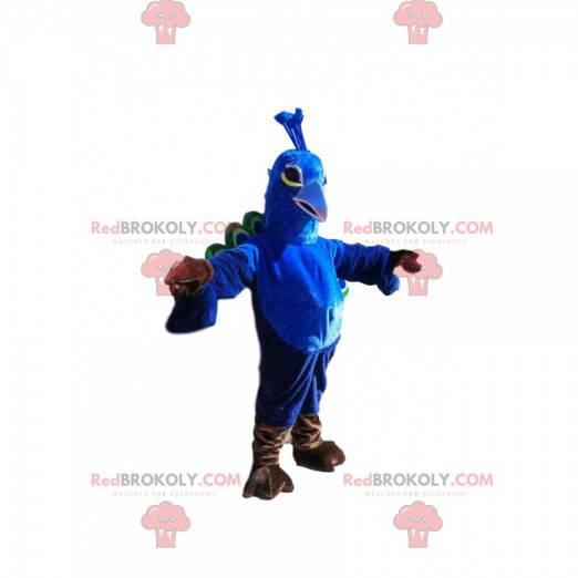 Majestueuze blauwe en groene pauwmascotte. Pauw kostuum -