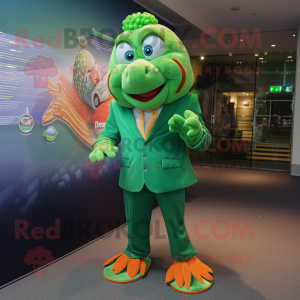 Green Clown Fish mascot costume character dressed with a Blazer and Keychains