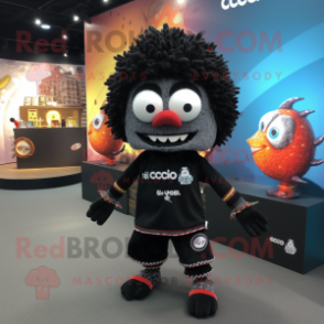 Black Ceviche mascot costume character dressed with a Sweater and Coin purses