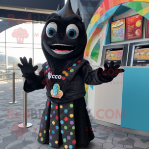 Black Ceviche mascot costume character dressed with a Sweater and Coin purses