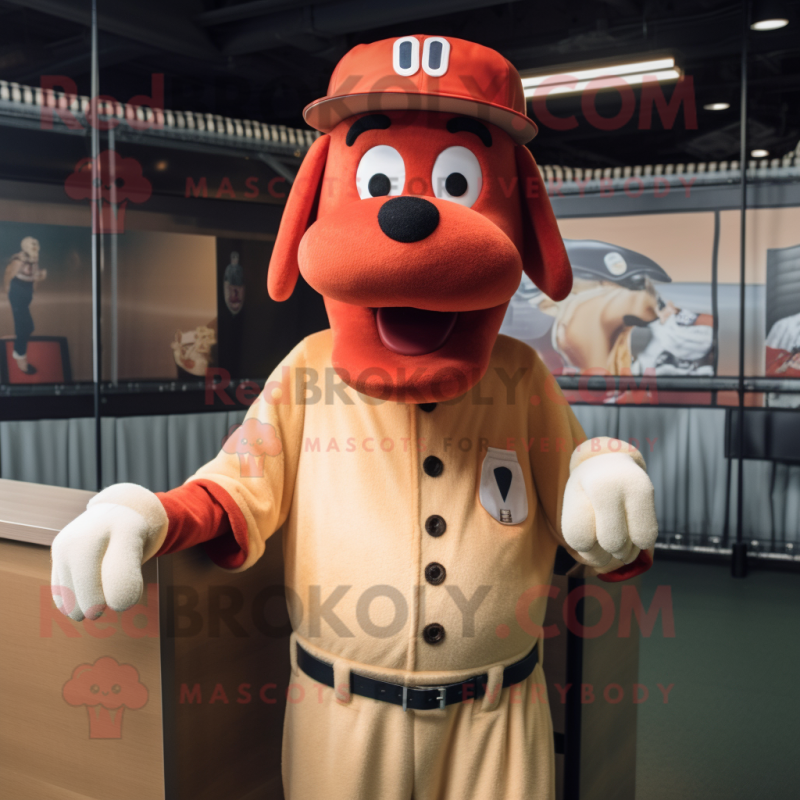 Rust Hot Dog mascot costume character dressed with a Button-Up Shirt and Hats