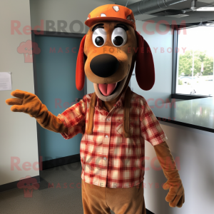 Rust Hot Dog mascot costume character dressed with a Button-Up Shirt and Hats