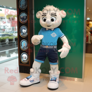 White Irish Dancing Shoes mascot costume character dressed with a Denim Shorts and Bracelet watches