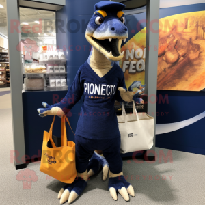 Navy Deinonychus mascot costume character dressed with a Sweater and Tote bags