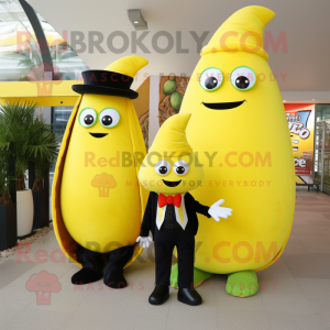Lemon Yellow Tacos mascot costume character dressed with a Tuxedo and Keychains