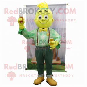 Yellow Green Beer mascot costume character dressed with a Chambray Shirt and Bow ties