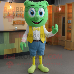 Yellow Green Beer mascot costume character dressed with a Chambray Shirt and Bow ties