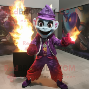 Purple Fire Eater mascot costume character dressed with a Jacket and Necklaces