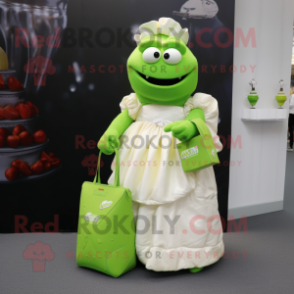 Lime Green Chocolate Bar mascot costume character dressed with a Wedding Dress and Tote bags