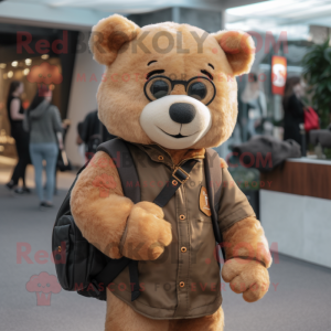 Tan Teddy Bear mascot costume character dressed with a Leather Jacket and Backpacks