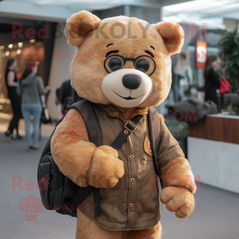 Tan Teddy Bear mascot costume character dressed with a Leather Jacket and Backpacks Mascot Costumes Redbrokoly