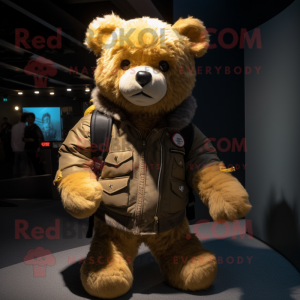 Tan Teddy Bear mascot costume character dressed with a Leather Jacket and Backpacks