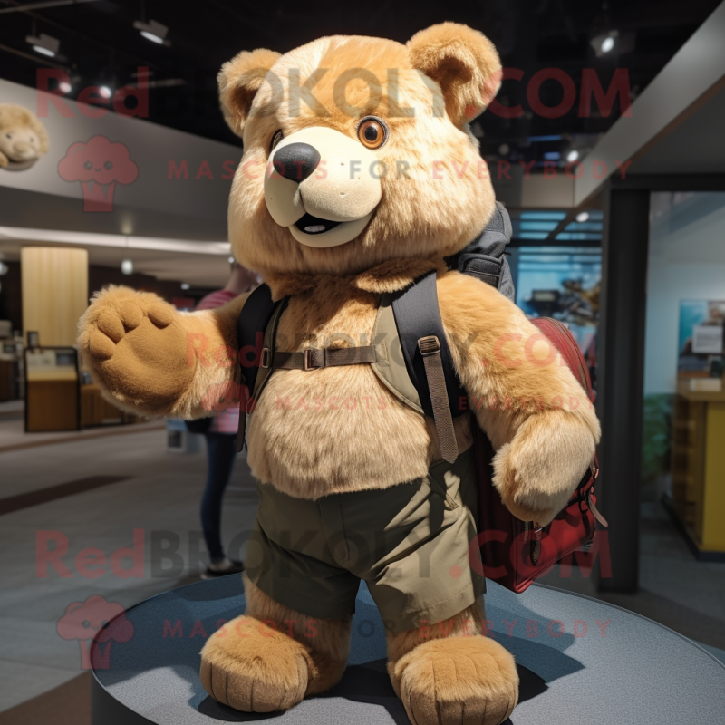 Tan Teddy Bear mascot costume character dressed with a Leather Jacket and Backpacks