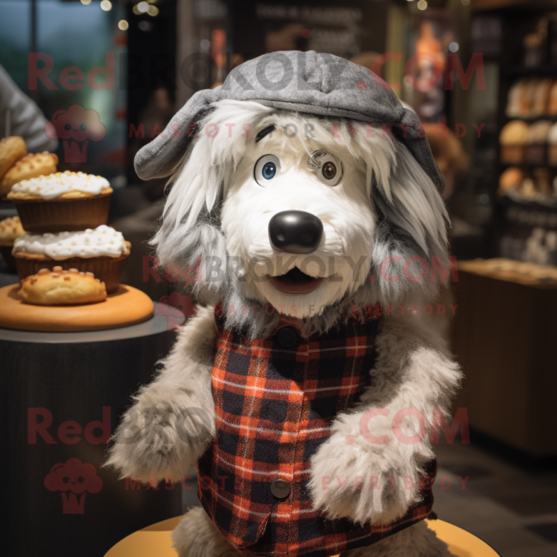 Silver Shepard S Pie mascot costume character dressed with a Flannel Shirt and Beanies