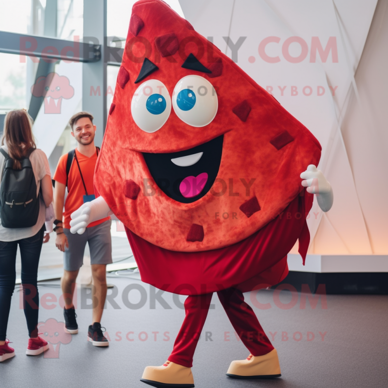 Red Pizza Slice mascot costume character dressed with a Trousers and Backpacks
