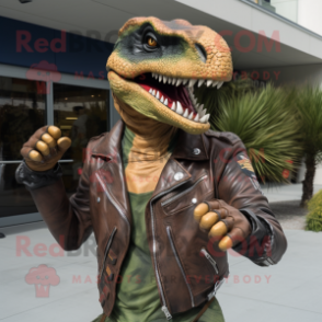 Olive Utahraptor mascot costume character dressed with a Leather Jacket and Bracelets