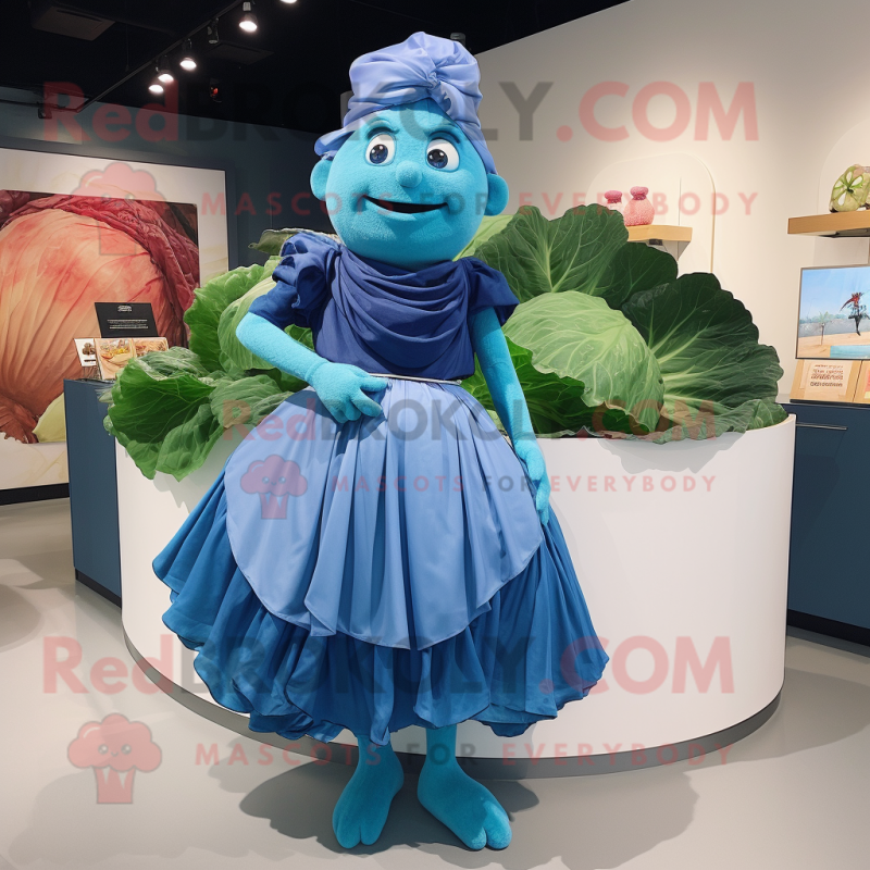 Blue Cabbage mascot costume character dressed with a Wrap Skirt and Belts