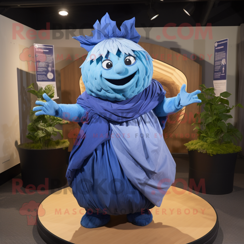 Blue Cabbage mascot costume character dressed with a Wrap Skirt and Belts