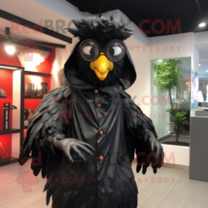 Black Fried Chicken mascot costume character dressed with a Raincoat and Eyeglasses