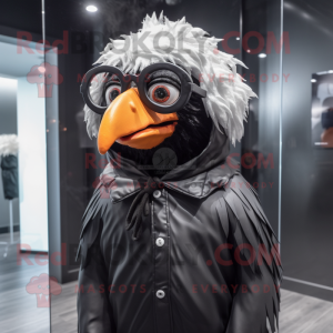 Black Fried Chicken mascot costume character dressed with a Raincoat and Eyeglasses