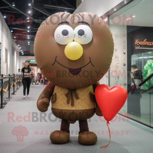 Brown Heart Shaped Balloons mascot costume character dressed with a Cardigan and Messenger bags