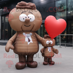 Brown Heart Shaped Balloons mascot costume character dressed with a Cardigan and Messenger bags