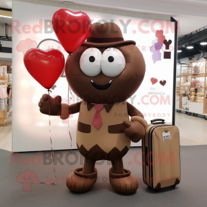 Brown Heart Shaped Balloons mascot costume character dressed with a Cardigan and Messenger bags