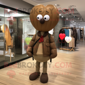 Brown Heart Shaped Balloons mascot costume character dressed with a Cardigan and Messenger bags