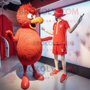 Red Ostrich mascot costume character dressed with a One-Piece Swimsuit and Ties