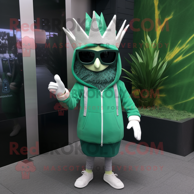 Green Queen mascot costume character dressed with a Sweatshirt and Sunglasses