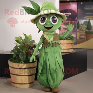 Olive Beanstalk mascot costume character dressed with a Pleated Skirt and Hat pins