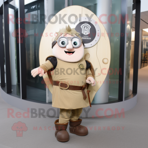 Beige Celtic Shield mascot costume character dressed with a Dungarees and Eyeglasses