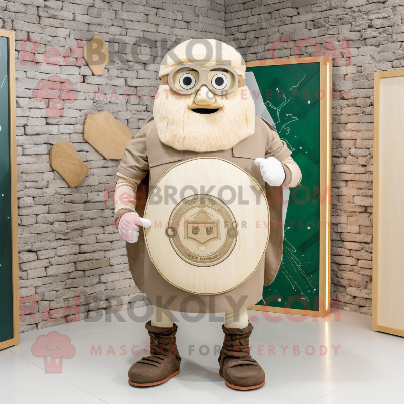 Beige Celtic Shield mascot costume character dressed with a Dungarees and Eyeglasses