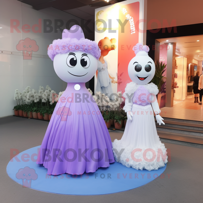 Lavender Ice mascot costume character dressed with a Wedding Dress and Clutch bags