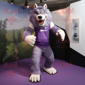 Purple Werewolf mascot costume character dressed with a Polo Tee and Foot pads