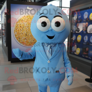 Sky Blue Shakshuka mascot costume character dressed with a Button-Up Shirt and Tie pins