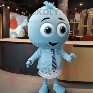 Sky Blue Shakshuka mascot costume character dressed with a Button-Up Shirt and Tie pins