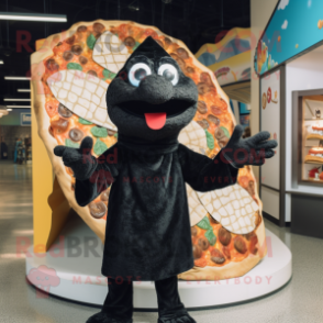 Black Pizza Slice mascot costume character dressed with a Turtleneck and Shawls