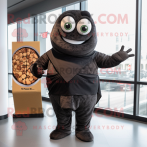 Black Pizza Slice mascot costume character dressed with a Turtleneck and Shawls