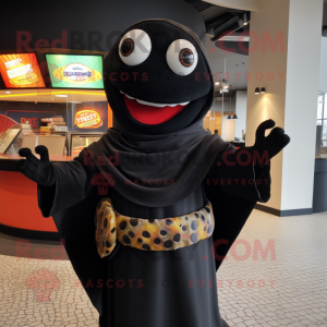 Black Pizza Slice mascot costume character dressed with a Turtleneck and Shawls