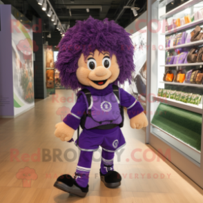 Purple Irish Dancer mascot costume character dressed with a Running Shorts and Backpacks