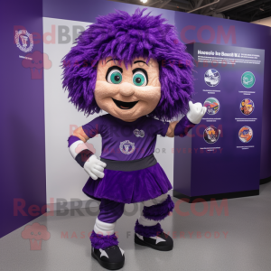Purple Irish Dancer mascot costume character dressed with a Running Shorts and Backpacks