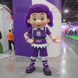 Purple Irish Dancer mascot costume character dressed with a Running Shorts and Backpacks