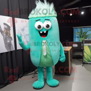 Teal Celery mascot costume character dressed with a Blazer and Hair clips