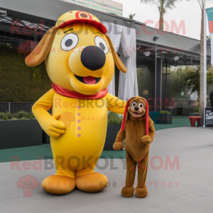 Gold Hot Dogs mascot costume character dressed with a Corduroy Pants and Watches
