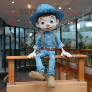 Cyan Tightrope Walker mascot costume character dressed with a Chambray Shirt and Caps